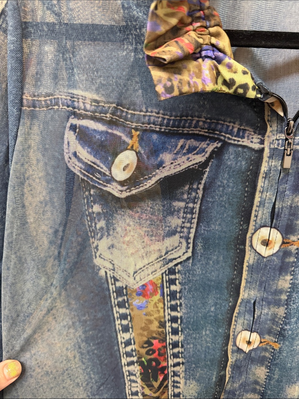 John Mark MESH Sheer Blue Denim PRINTED Jacket with Multicolor Floral Trim - Picture 8 of 14